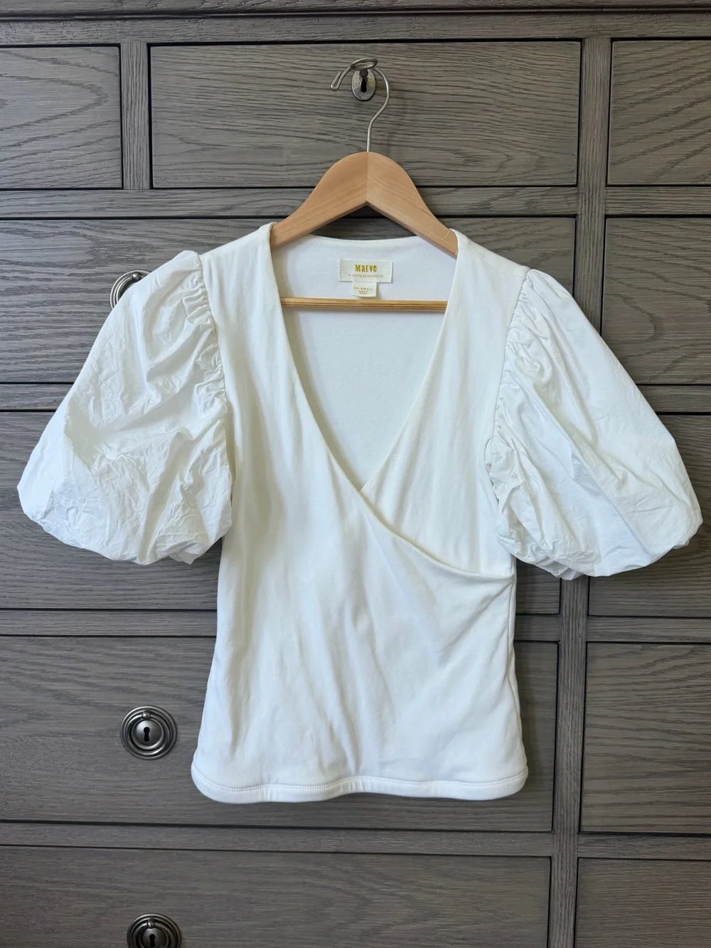 Anthropologie Maeve White Puff Sleeve V-Neck Top